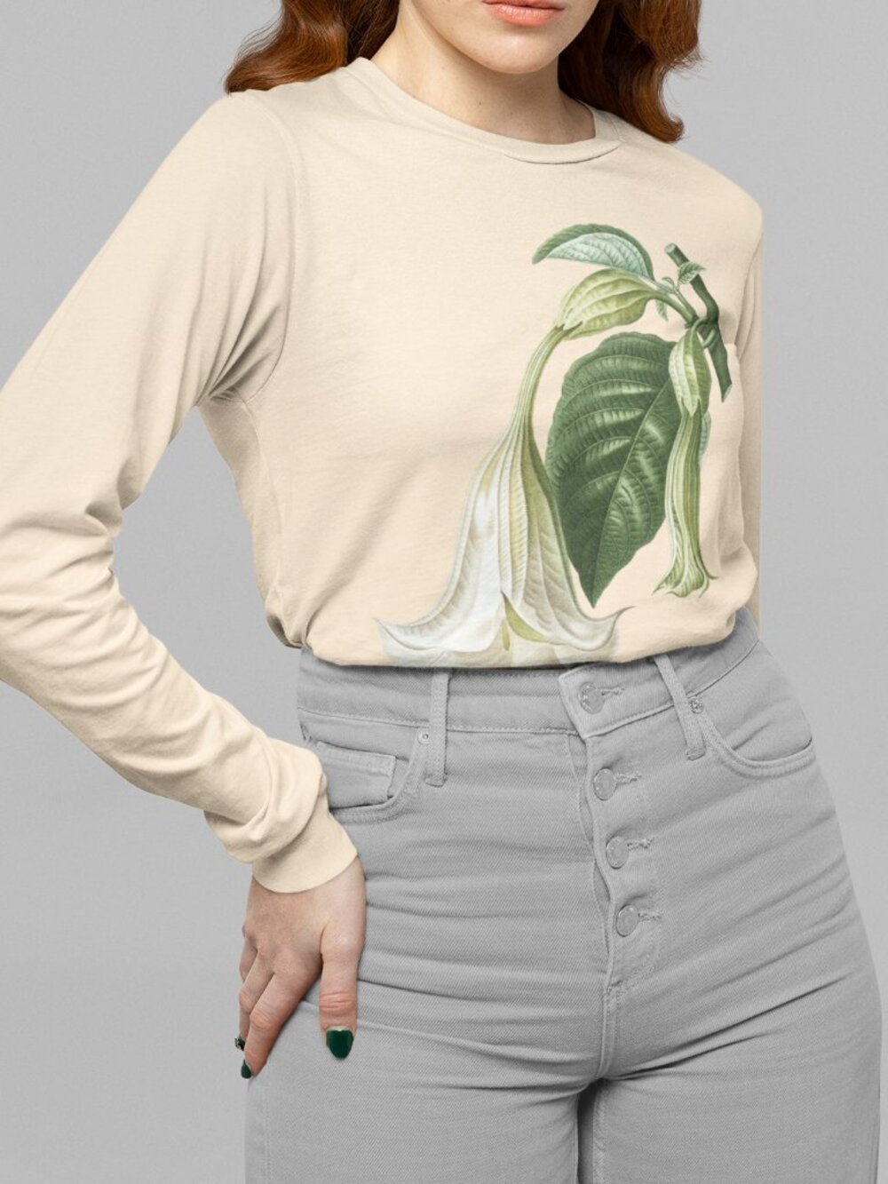 Angel's Trumpet Vintage Floral Print Long Sleeve Graphic Tee T-shirt S-XXL